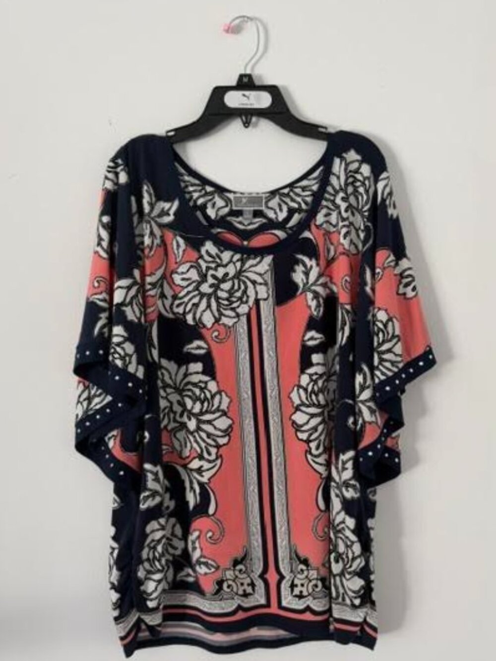 JM Collection Women's Floral Beaded Kimono Tunic Top – Coral Navy – Size L